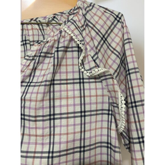 J.Crew Plaid Long-Sleeve Blouse With Ruffle Details Size M Cotton Blend Womens C - Picture 2 of 5